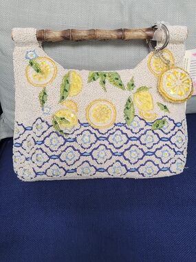 New Beaded Lemon Embroidered Handbag with Bamboo Handle